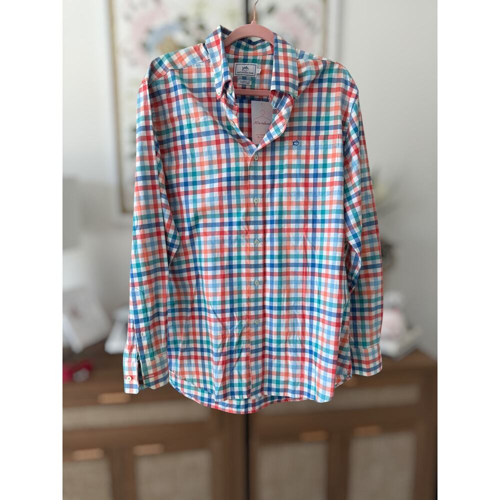 Southern Tide Plaid Button Down Classic Fit Shirt Orange Blue Mens Size Large